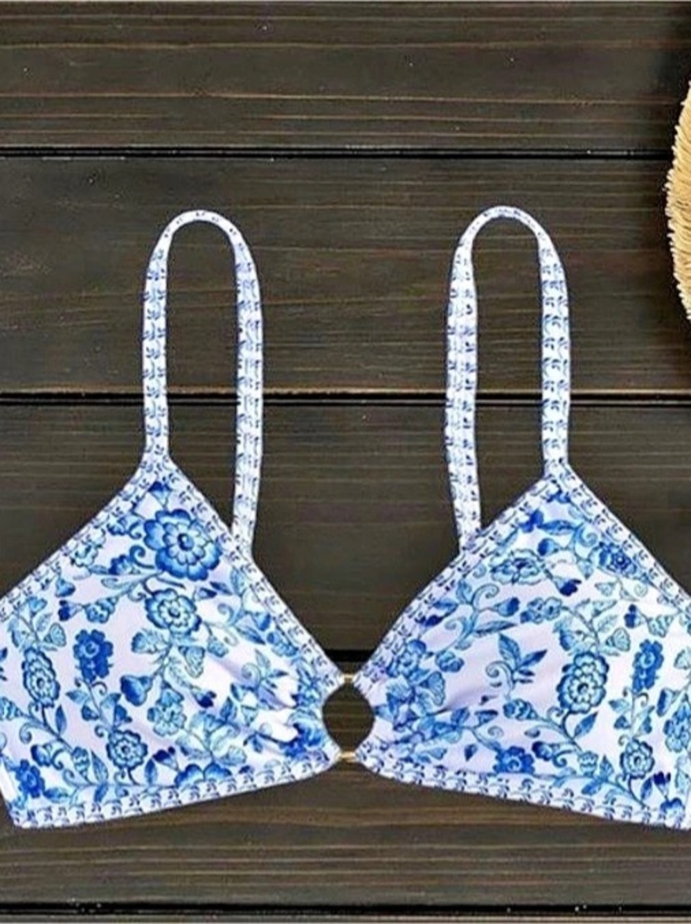 Tainehs Floral Bikini Top in Blue & White Size Large NWT